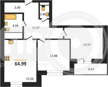 Миниатюра 2-комнатная квартира, 64.99кв.м