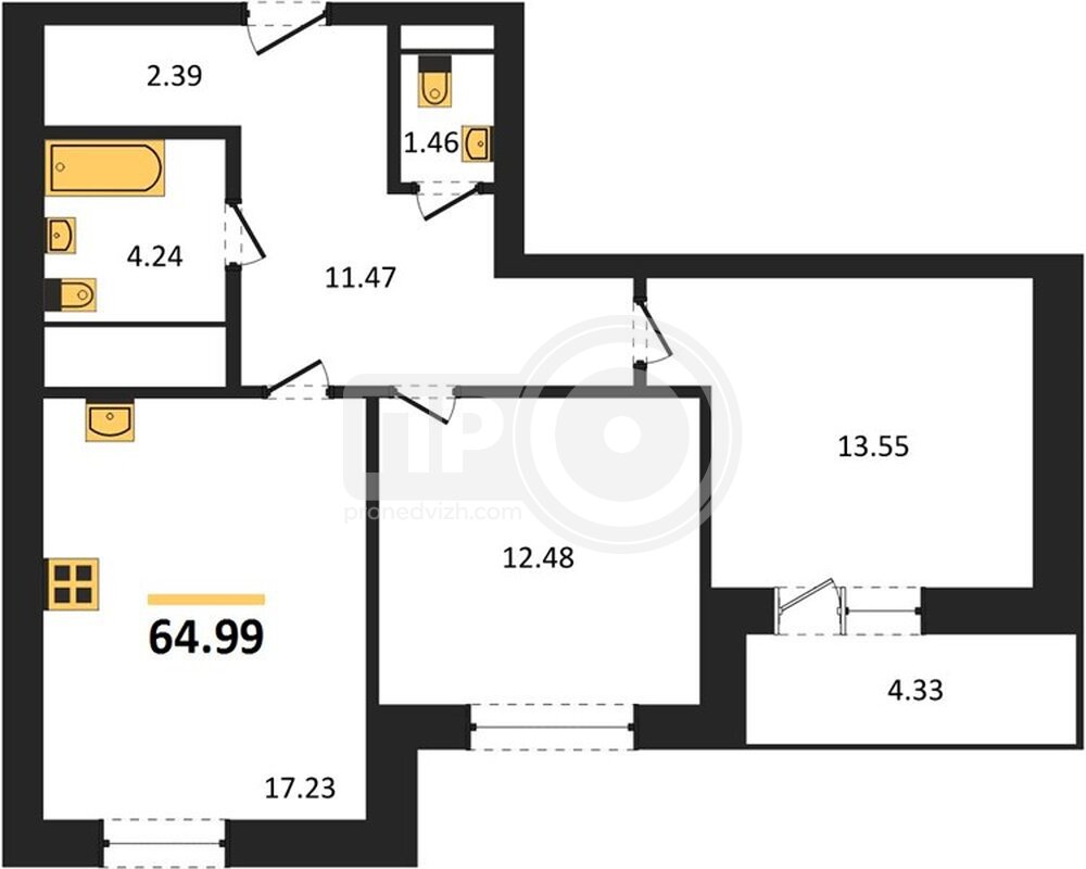 2-комнатная квартира, 64.99кв.м