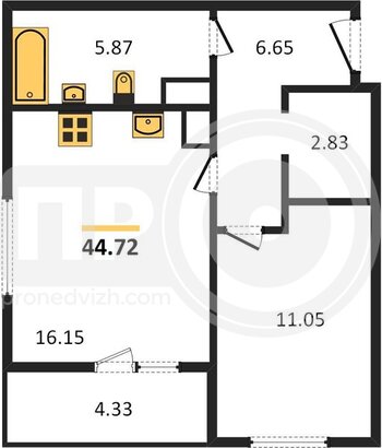 Миниатюра 1-комнатная квартира, 44.72кв.м