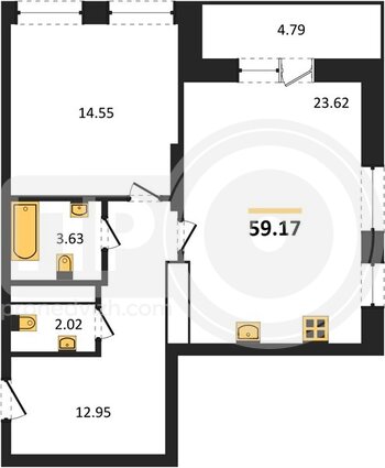 Миниатюра 1-комнатная квартира, 59.17кв.м