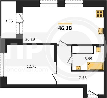 Миниатюра 1-комнатная квартира, 46.18кв.м
