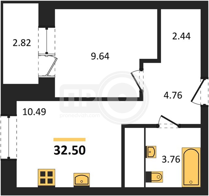 1-комнатная квартира, 32.5кв.м