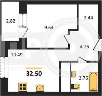 Миниатюра 1-комнатная квартира, 32.5кв.м