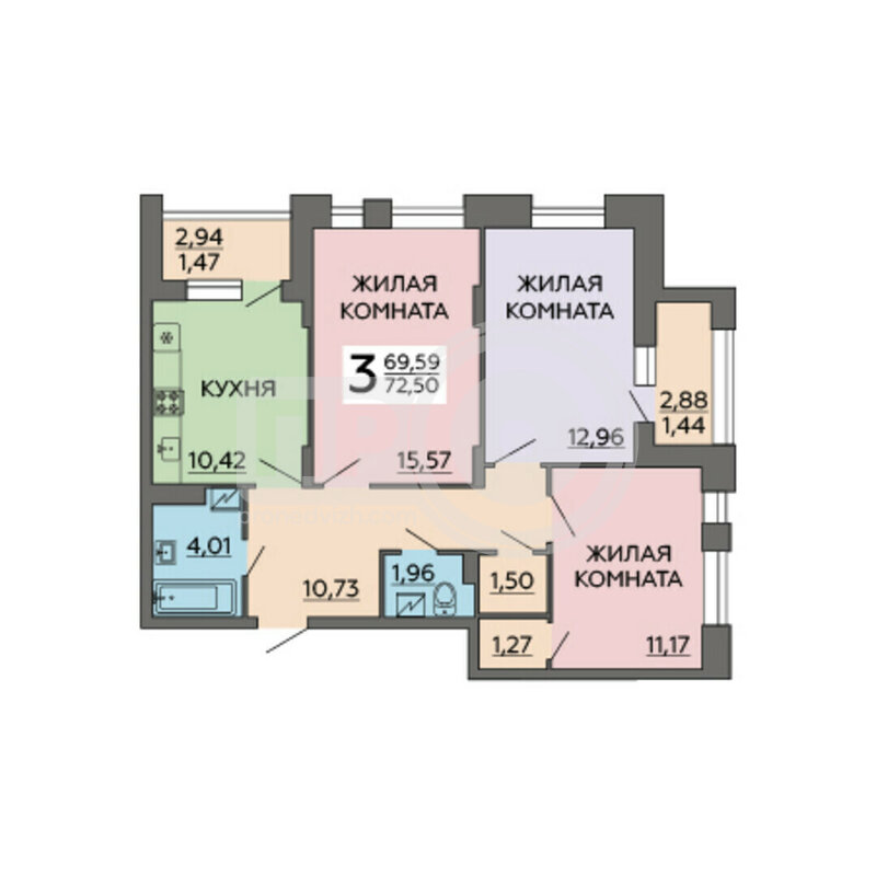 3-комнатная квартира, 72.5кв.м
