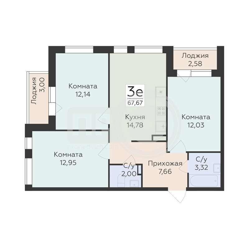 3-комнатная квартира, 67.67кв.м