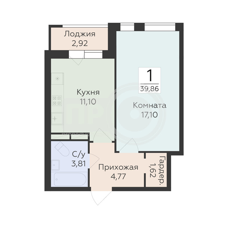 1-комнатная квартира, 39.86кв.м