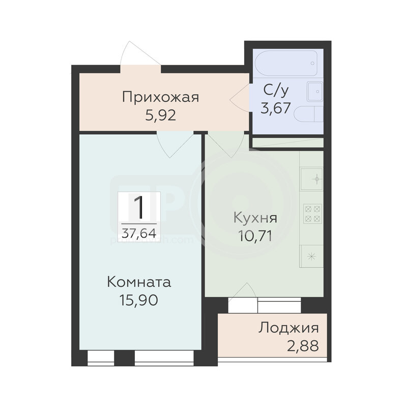 1-комнатная квартира, 37.64кв.м