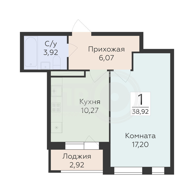 1-комнатная квартира, 38.92кв.м