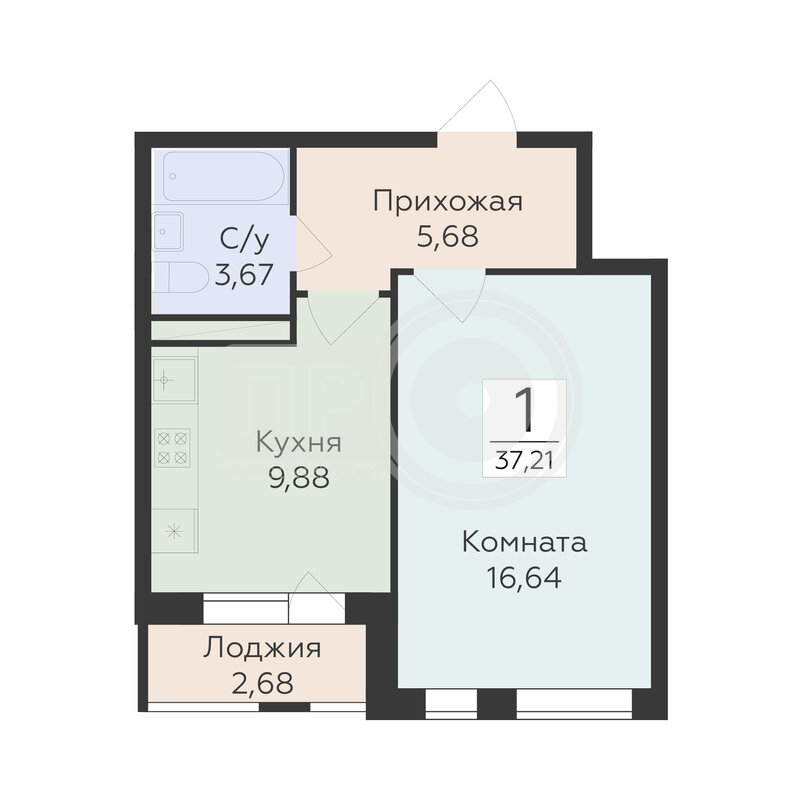 1-комнатная квартира, 37.21кв.м