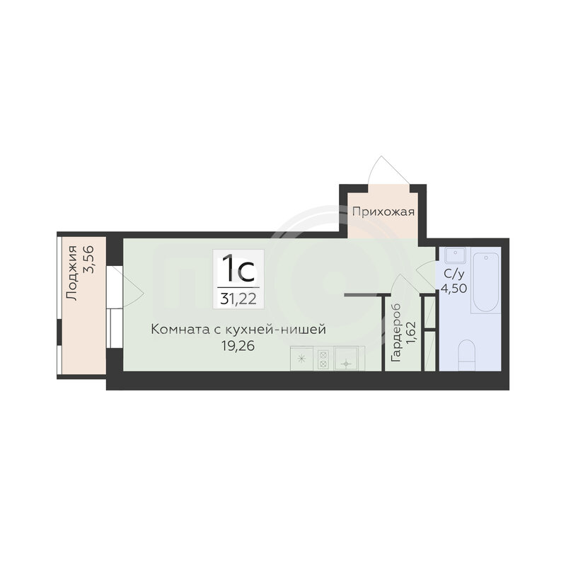 1-комнатная квартира, 31.22кв.м