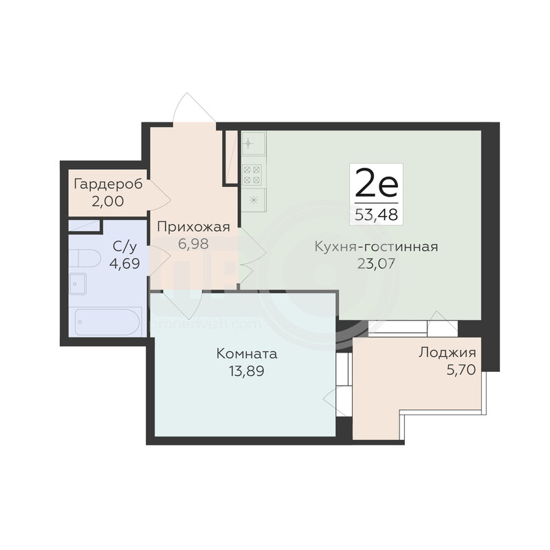 2-комнатная квартира, 53.48кв.м