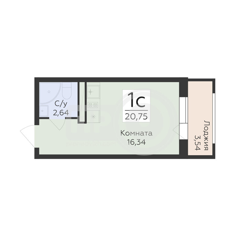 1-комнатная квартира, 20.75кв.м