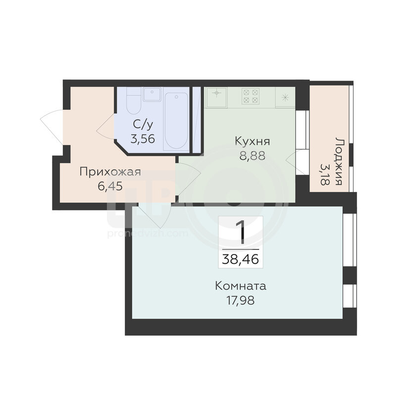 1-комнатная квартира, 38.46кв.м
