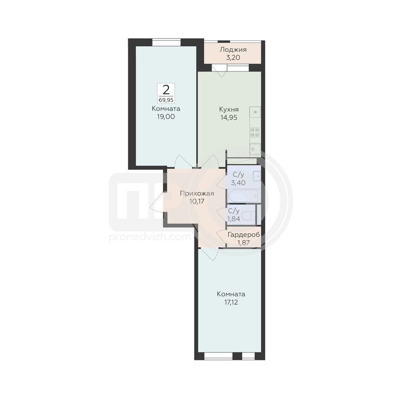 2-комнатная квартира, 69.95кв.м