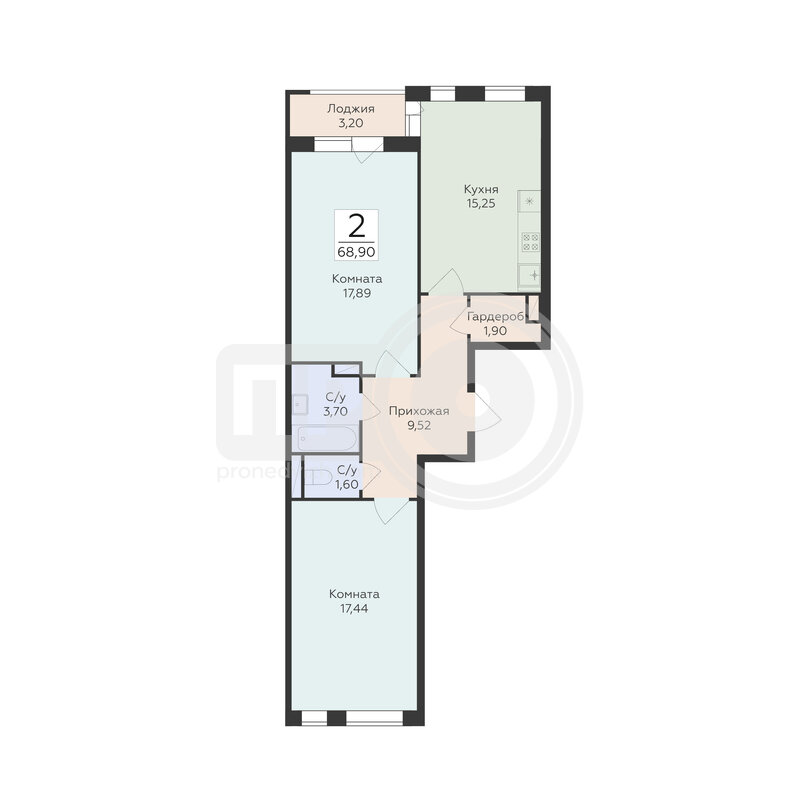 2-комнатная квартира, 68.9кв.м