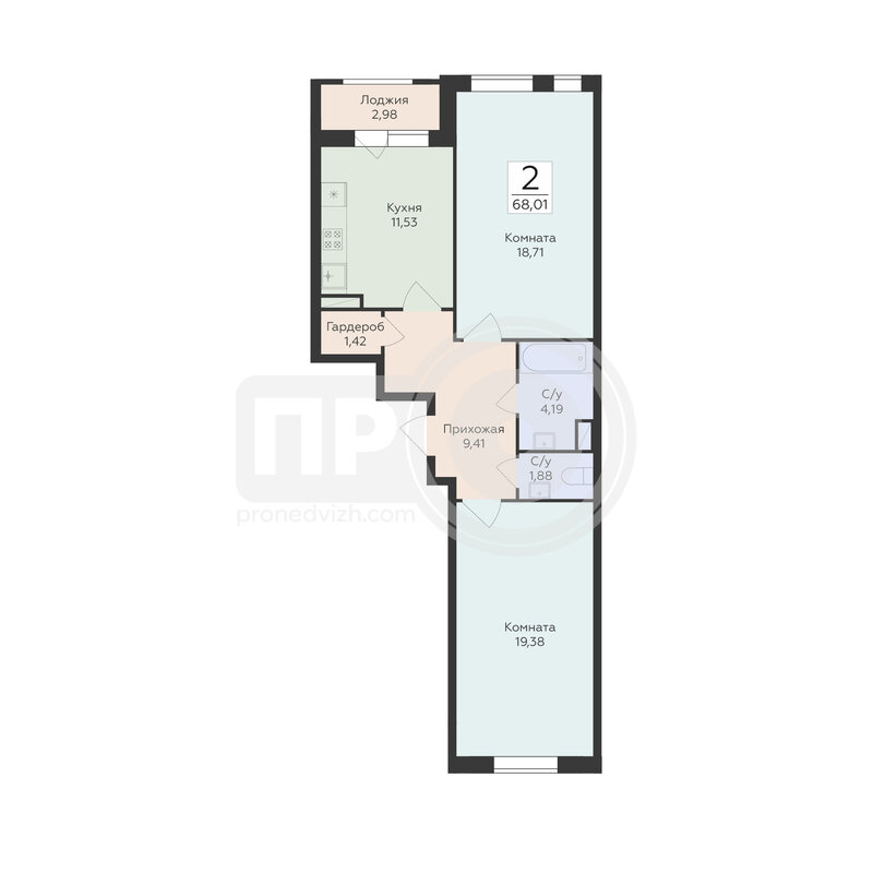 2-комнатная квартира, 68.01кв.м