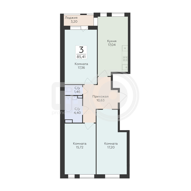 3-комнатная квартира, 85.41кв.м