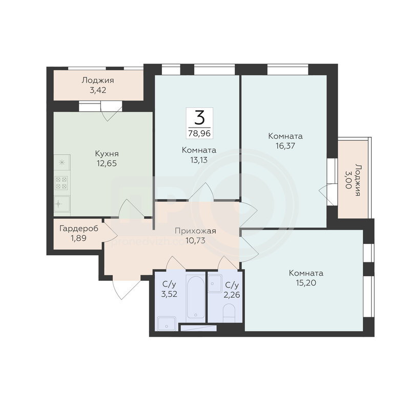 3-комнатная квартира, 78.96кв.м