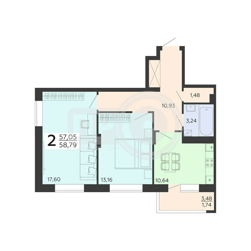 2-комнатная квартира, 58.79кв.м
