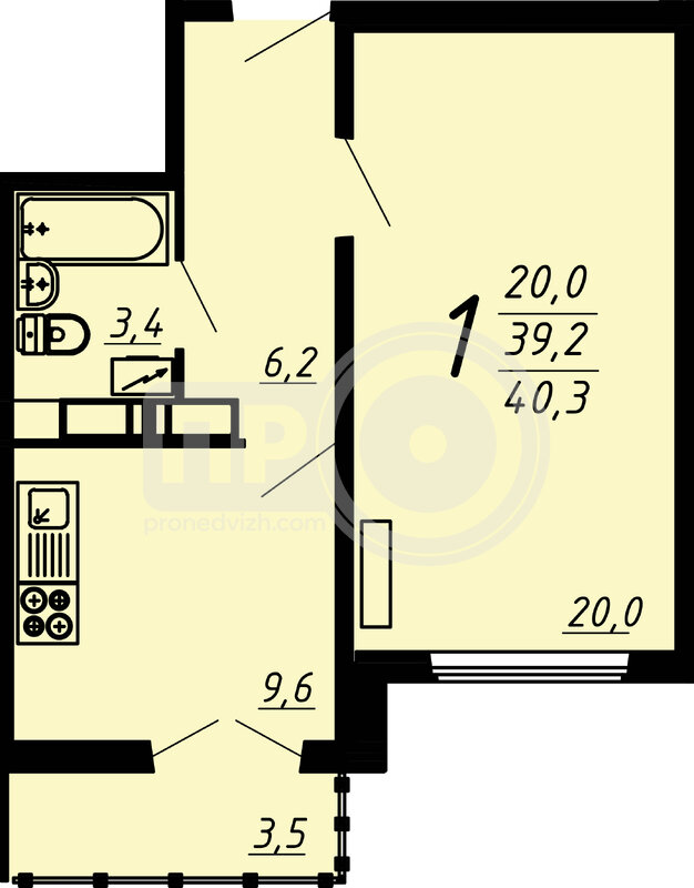 1-комнатная квартира, 40.2кв.м