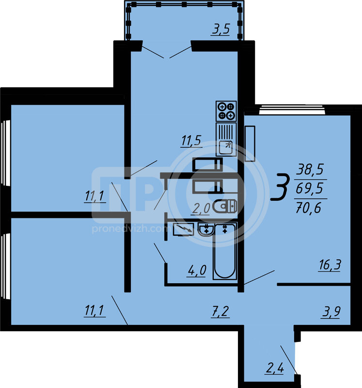 3-комнатная квартира, 70.4кв.м