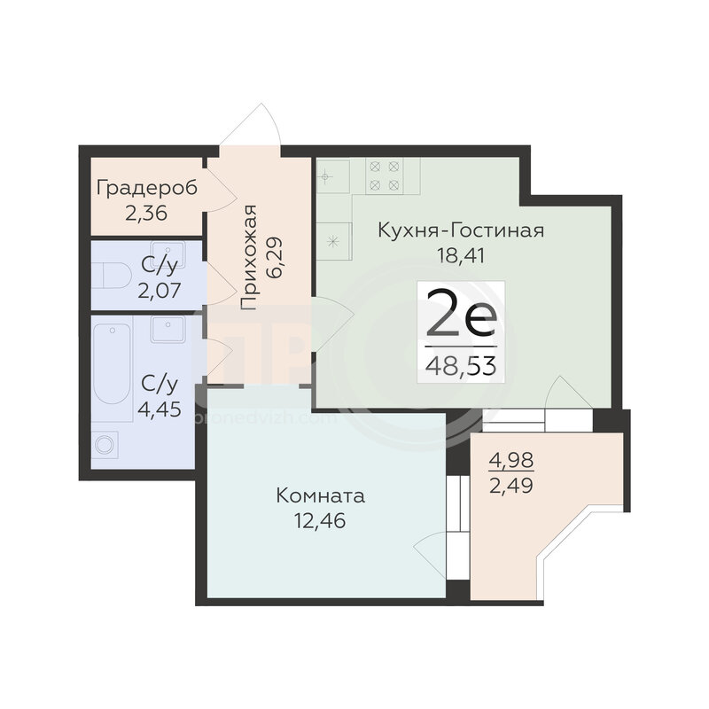 2-комнатная квартира, 48.53кв.м