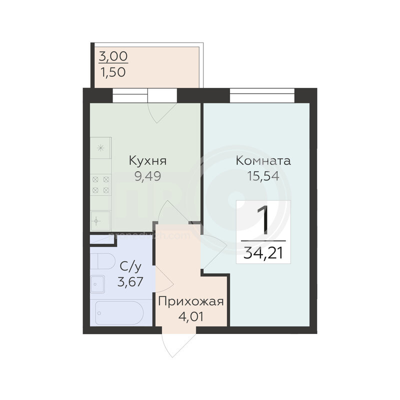 1-комнатная квартира, 34.21кв.м