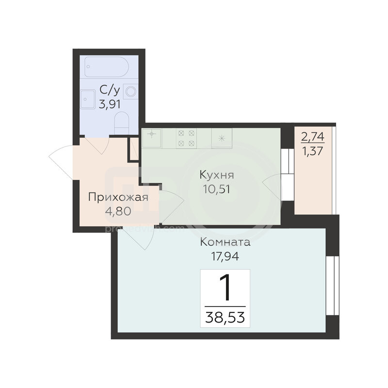 1-комнатная квартира, 38.53кв.м