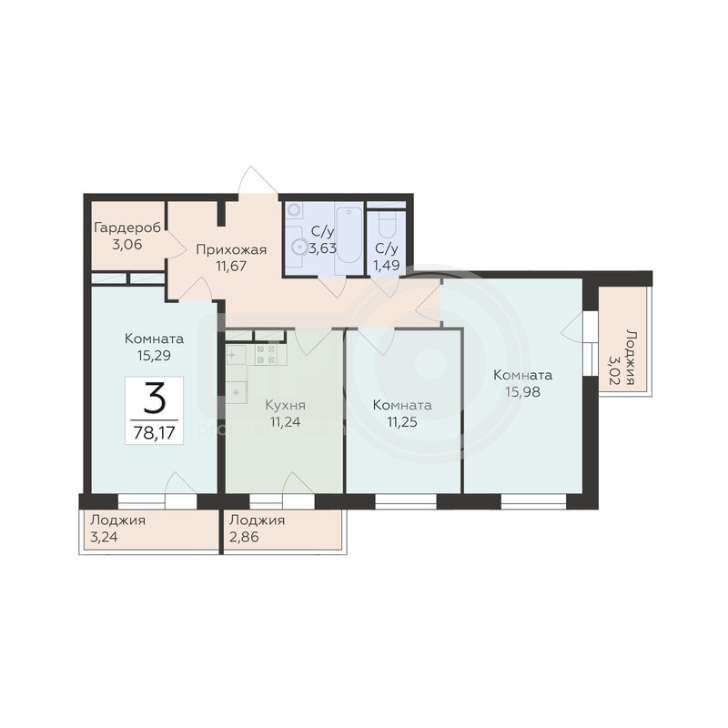 3-комнатная квартира, 78.17кв.м