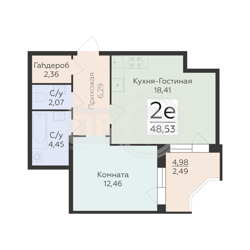 2-комнатная квартира, 48.53кв.м