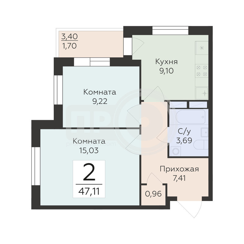 2-комнатная квартира, 47.11кв.м
