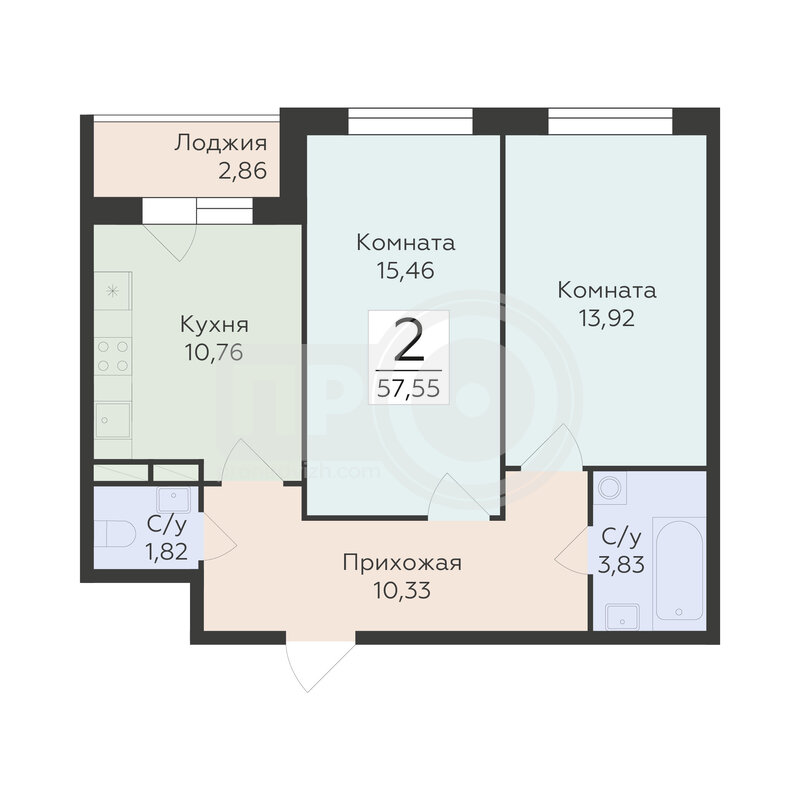 2-комнатная квартира, 57.55кв.м