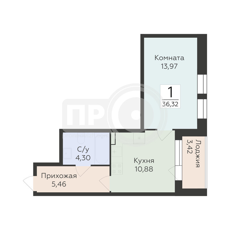 1-комнатная квартира, 36.32кв.м