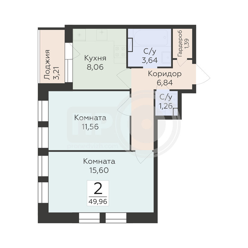 2-комнатная квартира, 49.96кв.м