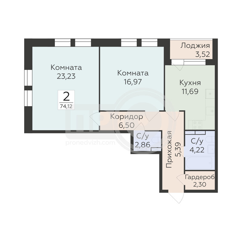 2-комнатная квартира, 74.12кв.м