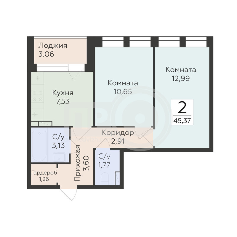 2-комнатная квартира, 45.37кв.м