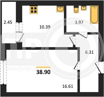 Миниатюра 1-комнатная квартира, 38.9кв.м