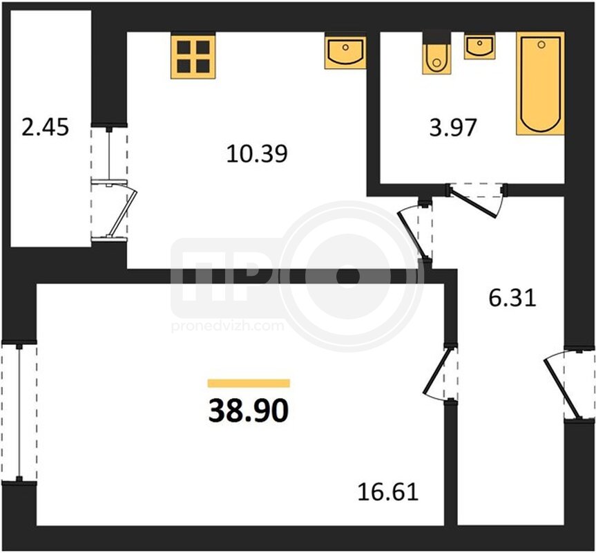 1-комнатная квартира, 38.9кв.м