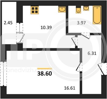 Миниатюра 1-комнатная квартира, 38.6кв.м