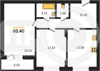 Миниатюра 2-комнатная квартира, 60.4кв.м
