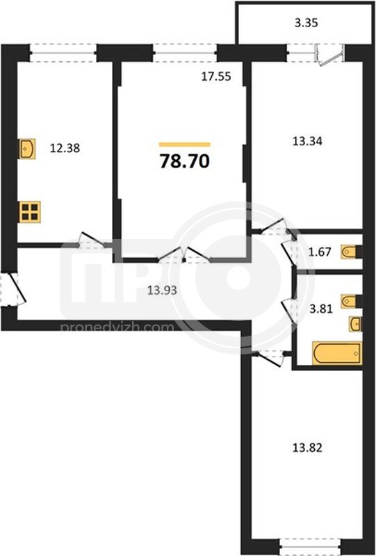 3-комнатная квартира, 78.7кв.м