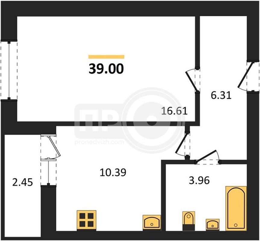 1-комнатная квартира, 39кв.м