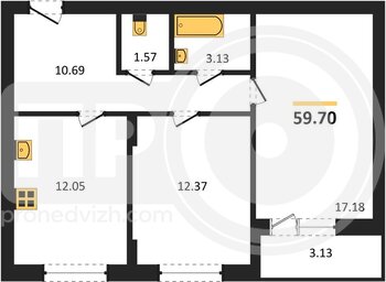 Миниатюра 2-комнатная квартира, 59.7кв.м