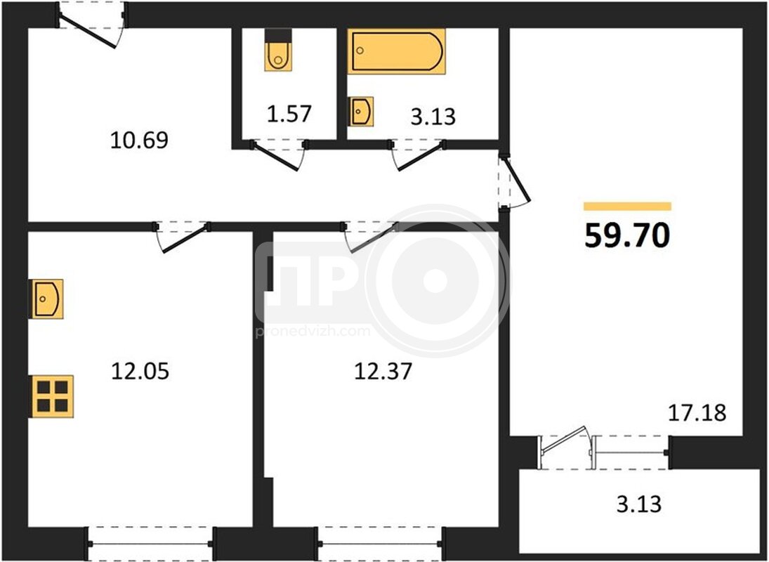 2-комнатная квартира, 59.7кв.м