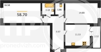 Миниатюра 2-комнатная квартира, 58.7кв.м