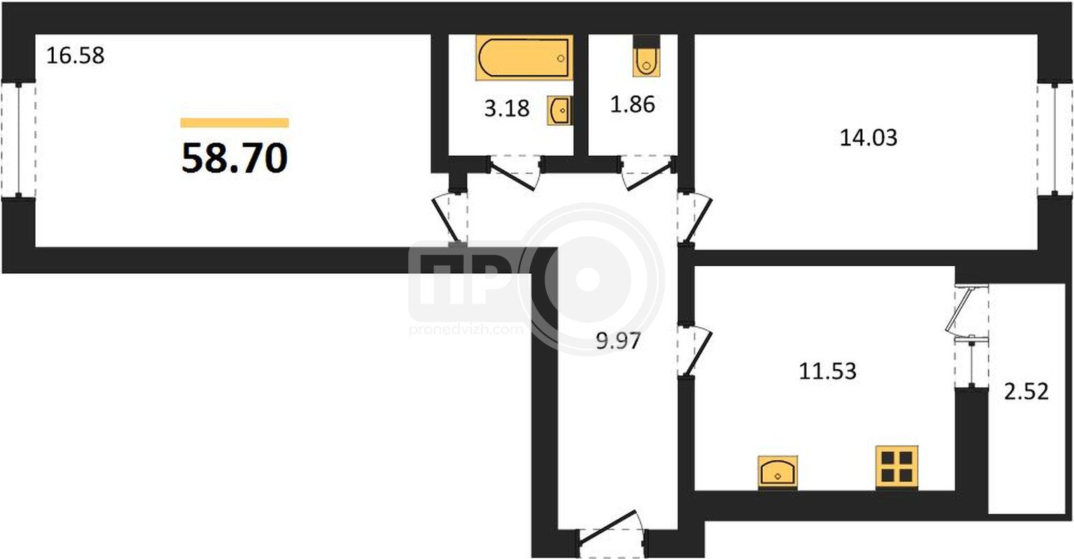 2-комнатная квартира, 58.7кв.м
