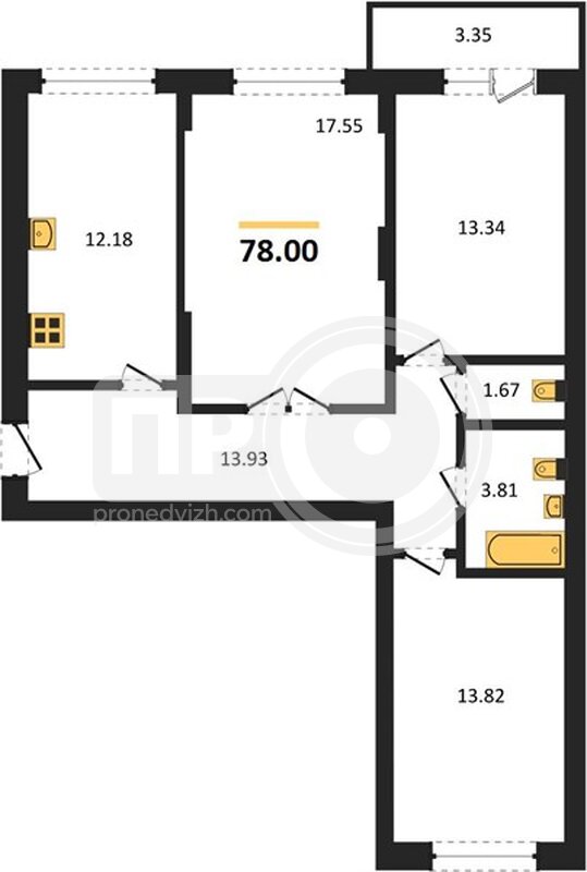 3-комнатная квартира, 78кв.м