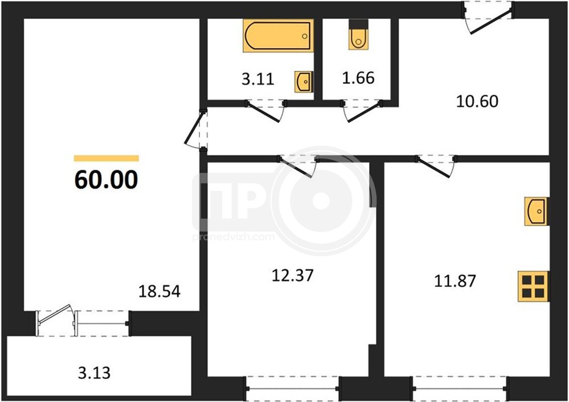2-комнатная квартира, 60кв.м