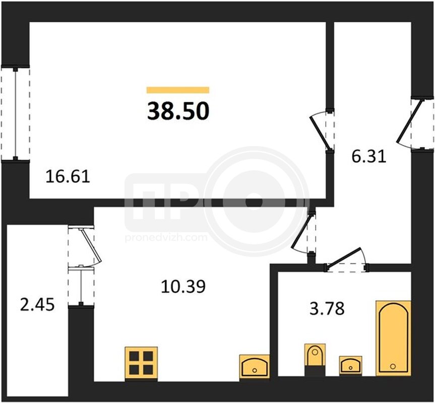 1-комнатная квартира, 38.5кв.м