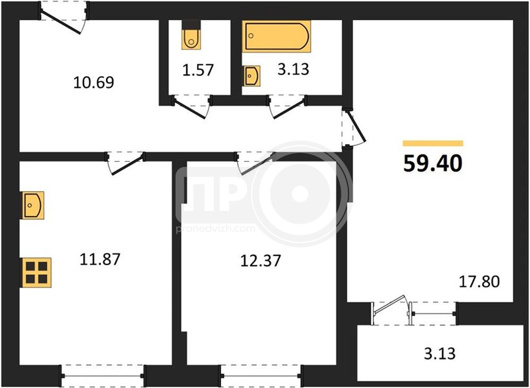 2-комнатная квартира, 59.4кв.м